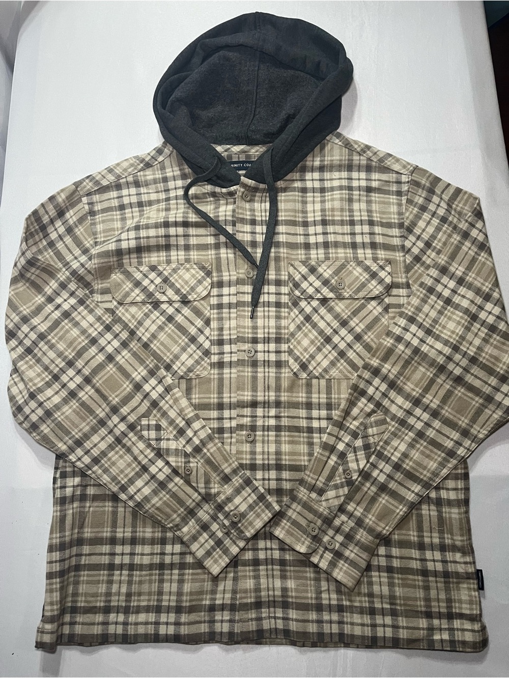 Trinity Coast Mens Med Hooded Plaid Flannel Button Down Shirt Jacket Taupe/Black